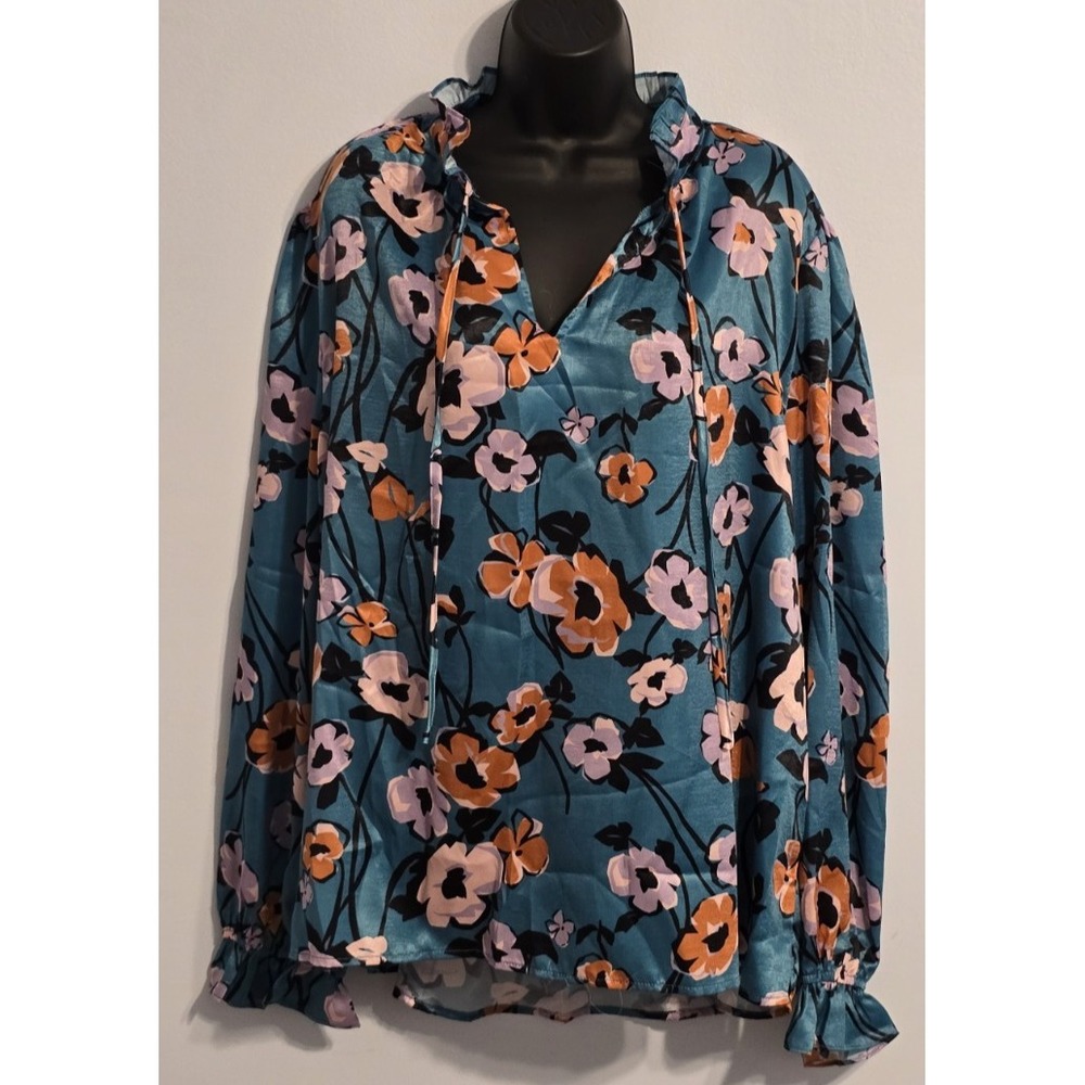 NWT FATE Women's Floral Long Sleeve Peasant Blouse Blue Orange White Size 3XL